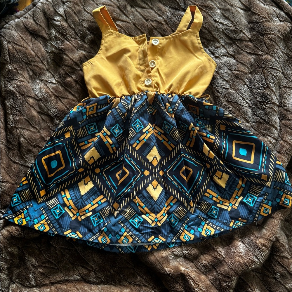 Yellow and Blue Pleated Sundress with Scoop Neck